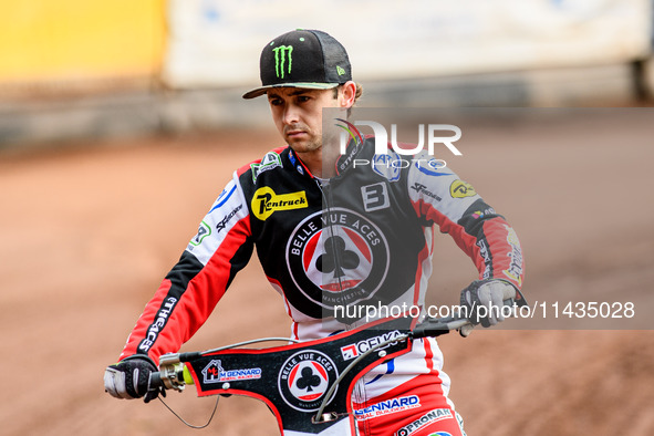 Belle Vue Aces' Jaimon Lidsey is riding on the parade lap during the Rowe Motor Oil Premiership match between Leicester Lions and Belle Vue...