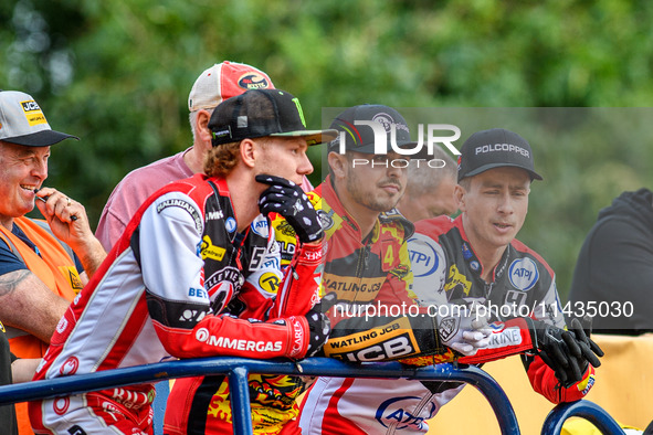 (Left to Right) Belle Vue Aces' Dan Bewley, Leicester Lions' Luke Becker, and Belle Vue Aces' Ben Cook are watching the first heat during th...