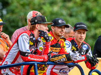 (Left to Right) Belle Vue Aces' Dan Bewley, Leicester Lions' Luke Becker, and Belle Vue Aces' Ben Cook are watching the first heat during th...