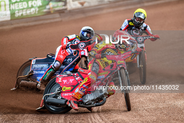 During the Rowe Motor Oil Premiership match between Leicester Lions and Belle Vue Aces at the Pidcock Motorcycles Arena in Leicester, Englan...