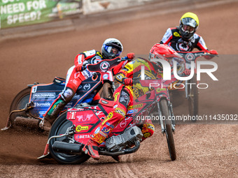 During the Rowe Motor Oil Premiership match between Leicester Lions and Belle Vue Aces at the Pidcock Motorcycles Arena in Leicester, Englan...