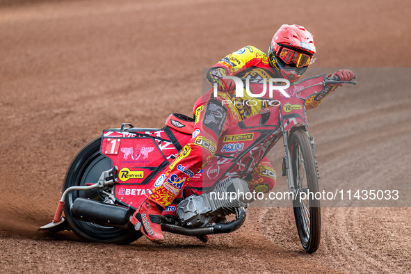 Leicester Lions' Max Fricke is in action during the Rowe Motor Oil Premiership match between Leicester Lions and Belle Vue Aces at the Pidco...