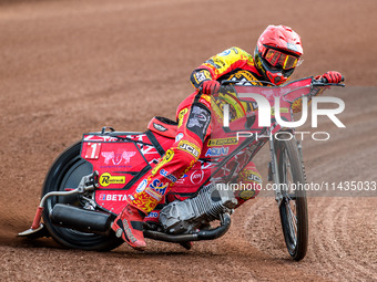 Leicester Lions' Max Fricke is in action during the Rowe Motor Oil Premiership match between Leicester Lions and Belle Vue Aces at the Pidco...