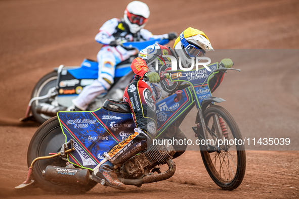 Belle Vue Aces' Jake Mulford in Yellow is leading teammate Antti Vuolas in White during the Rowe Motor Oil Premiership match between Leicest...