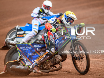 Belle Vue Aces' Jake Mulford in Yellow is leading teammate Antti Vuolas in White during the Rowe Motor Oil Premiership match between Leicest...