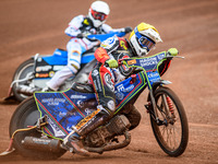 Belle Vue Aces' Jake Mulford in Yellow is leading teammate Antti Vuolas in White during the Rowe Motor Oil Premiership match between Leicest...