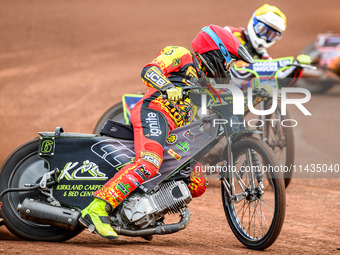 Leicester Lions' Craig Cook in red is leading Belle Vue Aces' Jake Mulford in yellow during the Rowe Motor Oil Premiership match between Lei...