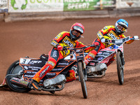 Leicester Lions' Sam Masters in red is leading teammate Luke Becker in blue during the Rowe Motor Oil Premiership match between Leicester Li...