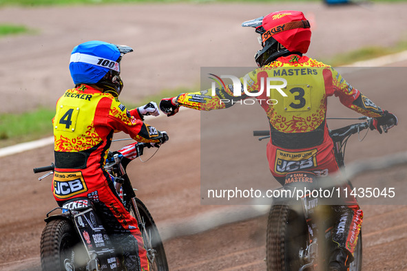 Leicester Lions' Luke Becker in blue and teammate Sam Masters are celebrating their 5-1 heat win during the Rowe Motor Oil Premiership match...