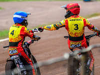 Leicester Lions' Luke Becker in blue and teammate Sam Masters are celebrating their 5-1 heat win during the Rowe Motor Oil Premiership match...