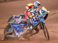 Belle Vue Aces' Jake Mulford in Yellow is leading Leicester Lions' Sam Hagon in Blue during the Rowe Motor Oil Premiership match between Lei...