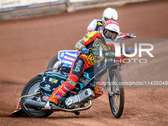 Leicester Lions' Ryan Douglas in Red is leading Belle Vue Aces' Dan Bewley in White during the Rowe Motor Oil Premiership match between Leic...