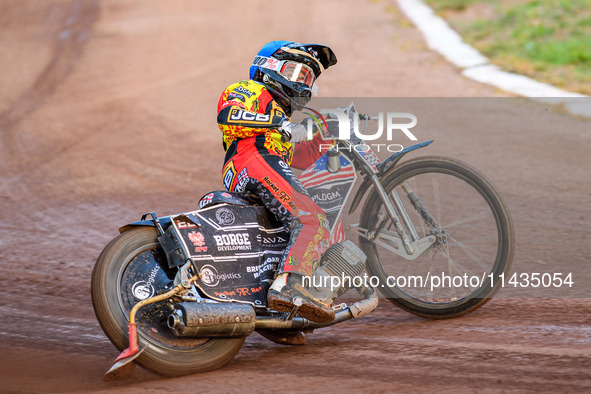 Leicester Lions' Luke Becker is in action during the Rowe Motor Oil Premiership match between Leicester Lions and Belle Vue Aces at the Pidc...