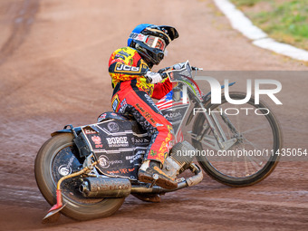 Leicester Lions' Luke Becker is in action during the Rowe Motor Oil Premiership match between Leicester Lions and Belle Vue Aces at the Pidc...