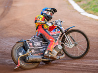 Leicester Lions' Luke Becker is in action during the Rowe Motor Oil Premiership match between Leicester Lions and Belle Vue Aces at the Pidc...