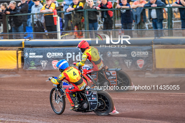 Leicester Lions' Luke Becker is chasing Leicester Lions' teammate Sam Masters in red during the Rowe Motor Oil Premiership match between Lei...