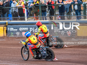 Leicester Lions' Luke Becker is chasing Leicester Lions' teammate Sam Masters in red during the Rowe Motor Oil Premiership match between Lei...