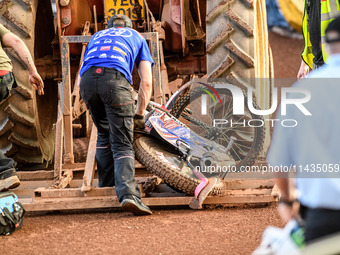 Belle Vue Aces' Dan Bewley's damaged bike is being taken back to the pits after the crash during the Rowe Motor Oil Premiership match betwee...