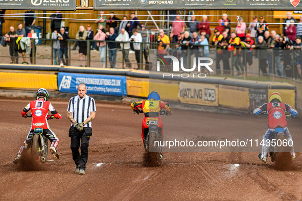 (L to R) Belle Vue Aces' Jaimon Lidsey in White, Leicester Lions' Richard Lawson in Blue, and Belle Vue Aces' Antti Vuolas in Yellow are lea...