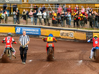 (L to R) Belle Vue Aces' Jaimon Lidsey in White, Leicester Lions' Richard Lawson in Blue, and Belle Vue Aces' Antti Vuolas in Yellow are lea...