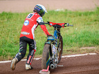 Belle Vue Aces' Jaimon Lidsey is pushing his bike off the track after his fall during the Rowe Motor Oil Premiership match between Leicester...