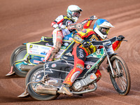 Richard Lawson of Leicester Lions in blue is leading Jaimon Lidsey of Belle Vue Aces in white during the Rowe Motor Oil Premiership match be...