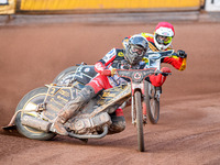 Norick Blodorn of Belle Vue Aces in White is leading Richard Lawson of Leicester Lions in Red during the Rowe Motor Oil Premiership match be...