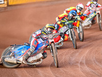 Belle Vue Aces' Ben Cook in Yellow is leading Leicester Lions' Craig Cook in Blue, Leicester Lions' Ryan Douglas in Red, and Belle Vue Aces'...