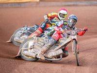 Norick Blodorn of Belle Vue Aces in White is leading Richard Lawson of Leicester Lions in Red during the Rowe Motor Oil Premiership match be...