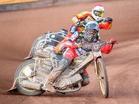 Norick Blodorn of Belle Vue Aces in White is leading Richard Lawson of Leicester Lions in Red during the Rowe Motor Oil Premiership match be...