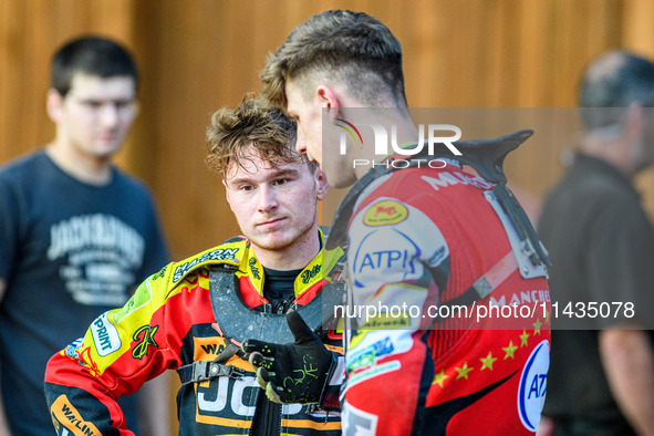 Leicester Lions' Sam Hagon (left) is chatting with Belle Vue Aces' Jake Mulford during the Rowe Motor Oil Premiership match between Leiceste...