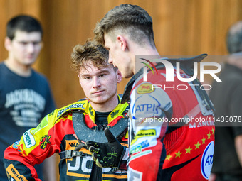 Leicester Lions' Sam Hagon (left) is chatting with Belle Vue Aces' Jake Mulford during the Rowe Motor Oil Premiership match between Leiceste...