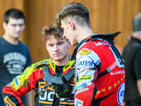 Leicester Lions' Sam Hagon (left) is chatting with Belle Vue Aces' Jake Mulford during the Rowe Motor Oil Premiership match between Leiceste...