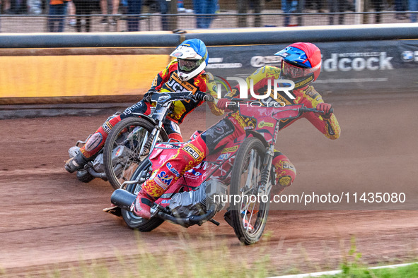 Leicester Lions' Max Fricke in Red is leading teammate Richard Lawson in Blue during the Rowe Motor Oil Premiership match between Leicester...