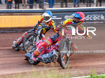 Leicester Lions' Max Fricke in Red is leading teammate Richard Lawson in Blue during the Rowe Motor Oil Premiership match between Leicester...