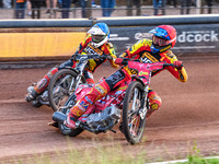 Leicester Lions' Max Fricke in Red is leading teammate Richard Lawson in Blue during the Rowe Motor Oil Premiership match between Leicester...