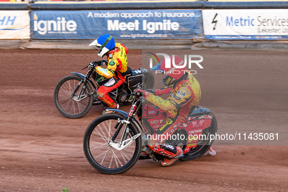 Leicester Lions' Max Fricke in Red is riding inside Leicester Lions' Richard Lawson in Blue during the Rowe Motor Oil Premiership match betw...