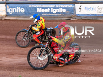 Leicester Lions' Max Fricke in Red is riding inside Leicester Lions' Richard Lawson in Blue during the Rowe Motor Oil Premiership match betw...