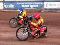 Leicester Lions' Max Fricke in Red is riding inside Leicester Lions' Richard Lawson in Blue during the Rowe Motor Oil Premiership match betw...