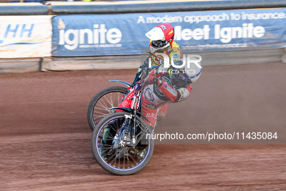 Belle Vue Aces' Brady Kurtz in White is riding inside Leicester Lions' Ryan Douglas in Red during the Rowe Motor Oil Premiership match betwe...