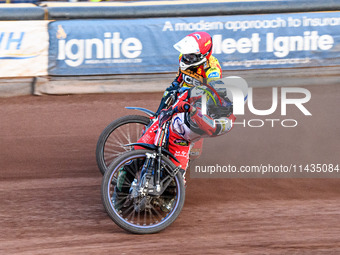 Belle Vue Aces' Brady Kurtz in White is riding inside Leicester Lions' Ryan Douglas in Red during the Rowe Motor Oil Premiership match betwe...