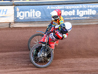 Belle Vue Aces' Brady Kurtz in White is riding inside Leicester Lions' Ryan Douglas in Red during the Rowe Motor Oil Premiership match betwe...