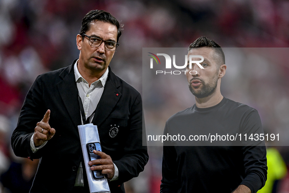 Miel Brinkhuis of Ajax and Ajax trainer Francesco Farioli are playing during the match Ajax vs. Vojvodina at the Johan Cruijff ArenA for the...