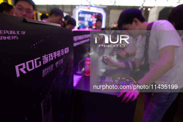 A general view of the Republic of Gamers booth is being shown during the Chinajoy games fair in Shanghai, China, on July 26, 2024. 