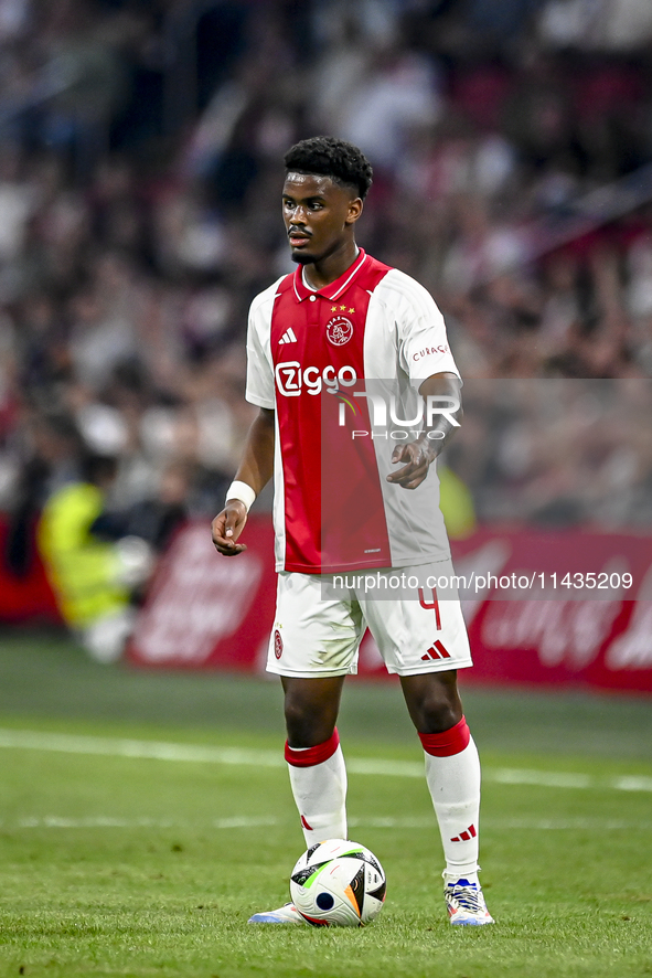 Ajax player Jorrel Hato is playing during the match Ajax vs. Vojvodina at the Johan Cruijff ArenA for the UEFA Europa League Second qualifyi...