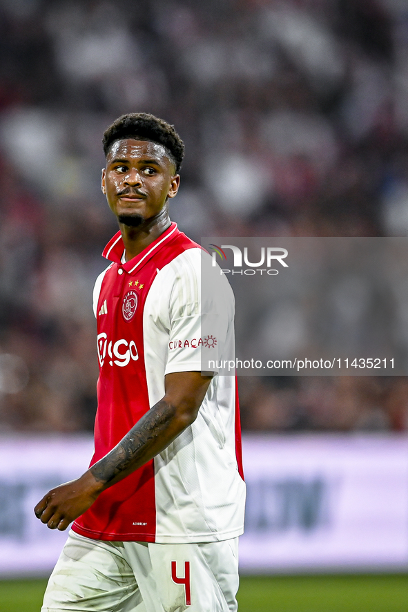 Ajax player Jorrel Hato is playing during the match Ajax vs. Vojvodina at the Johan Cruijff ArenA for the UEFA Europa League Second qualifyi...