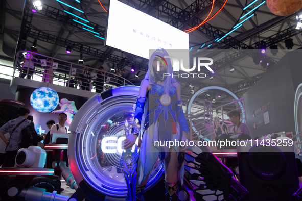 A model is being seen at the Canon booth during the Chinajoy games fair in Shanghai, China, on July 26, 2024. 