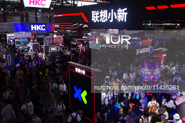 A general view of crowd fairgoers is showing them packed during the Chinajoy games fair in Shanghai, China, on July 26, 2024. 