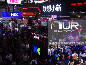 A general view of crowd fairgoers is showing them packed during the Chinajoy games fair in Shanghai, China, on July 26, 2024. (