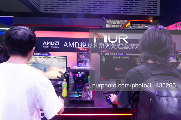 A general view of the AMD booth is being shown during the Chinajoy games fair in Shanghai, China, on July 26, 2024. 